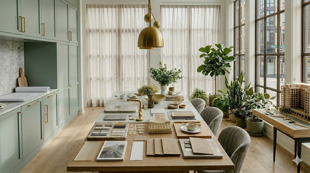 Calgary interior designer and homeowner reviewing finish samples and a floor plan