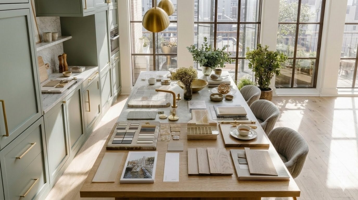 Sample boards and material selections laid out for a Calgary interior design concept presentation, showing cohesive finishes.